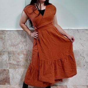 Universal Thread, V Neck Ruffle Hem Midi Orange Wrap Dress, Size Small Dress